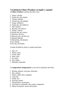 Vocabulario Clima (Weather) en inglés y español 
El clima (weather) se puede describir como: 
1. Sunny, soleado 
2. Sunny day
