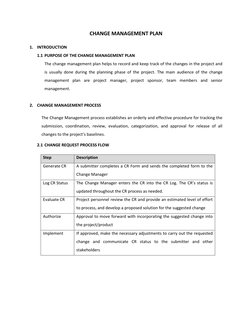 CHANGE MANAGEMENT PLAN 
1. INTRODUCTION 
1.1 PURPOSE OF THE CHANGE MANAGEMENT PLAN 
The change management plan helps to recor