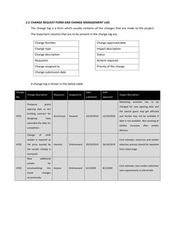 2.2 CHANGE REQUEST FORM AND CHANGE MANAGEMENT LOG 
The change log is a form which usually contains all the changes that are m