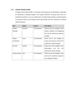 2.3.1 
CHANGE CONTROL BOARD 
A Change Control Board (CCB) is a formally constituted group of stakeholders responsible 
for ap