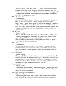 o This is a 2-3 group activity. You will do a 2-3 minute advertisement promoting 
character development, theme, or symbols in