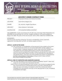 UAP DOCUMENT 402  ARCHITECT-OWNER CONTRACT FORM DECEMBER 1984 EDITION 
UNITED ARCHITECTS OF THE PHILIPPINES CULTURAL CEN