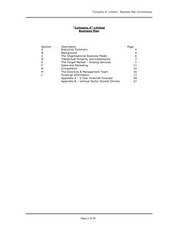 “Company A” Limited – Business Plan Commentary 
Page 2 of 26 
 
 
 
“Company A” Limited 
Business Plan 
 
 
 
Section 
Descri