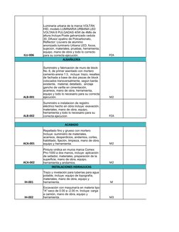 ILU-006
PZA
ALBAÑILERÍA
ALB-001
M2
ALB-002
PZA
ACABADO
ACA-001
M2
ACA-002
M2
INSTALACIONES HIDRAULICAS
IH-001
M
IH-002
M3
Lum