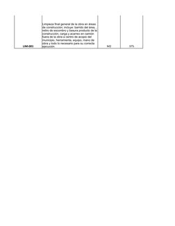 LIM-001
M2
375
Limpieza final general de la obra en áreas 
de construcción; incluye: barrido del área, , 
retiro de escombro