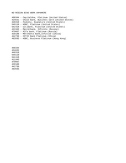 NO REGION BINS WORK ANYWHERE
400344 - CapitalOne, Platinum (United States)
424631 - Chase Bank, Business Card (United States)