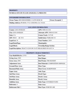 PROPERTY 
915 REAL ESTATE ST, LOS ANGELES, CA 90010-3531 
 
OWNERSHIP INFORMATION 
Owner Name: HOUSER HOMER J / LOTS ROSE M