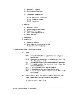 RESEARCH WRITING MANUAL 2017 EditionPage 7
III.2 Research Questions
III.3 Significance of the Study
III.4 Theoretical Backgro