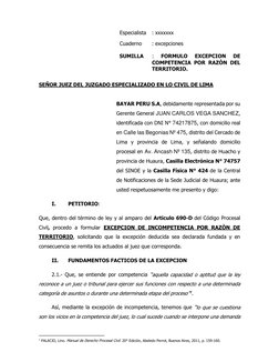 Especialista  : xxxxxxx 
Cuaderno  
: excepciones 
 
SUMILLA 
: 
FORMULO 
EXCEPCION 
DE 
COMPETENCIA POR RAZÒN DEL 
TERRITORI