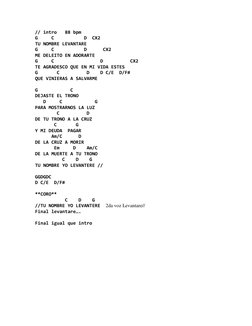 // intro   88 bpm 
G     C           D  CX2 
TU NOMBRE LEVANTARE 
G     C           D      CX2 
ME DELEITO EN ADORARTE 
G