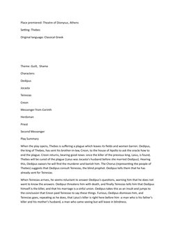 Place premiered: Theatre of Dionysus, Athens
Setting: Thebes
Original language: Classical Greek
Theme: Guilt,  Shame
Characte
