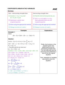 COEFFICIENTS LINEAR IN TWO VARIABLES 
Summary 
Examples 
Explanations 
Example 1: 
Solve  
(6𝑥𝑥−3𝑦𝑦+ 2)𝑑𝑑𝑑𝑑−(2𝑥𝑥−𝑦