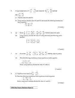 5.
It is given that matrix  P = 







3
1
5
2
 and  matrix Q = k







2
1
3
h
 such that