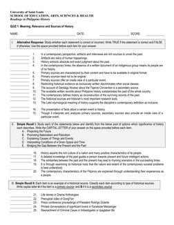 University of Saint Louis 
SCHOOL OF EDUCATION, ARTS, SCIENCES & HEALTH  
Readings in Philippine History 
 
QUIZ 1: Meaning,