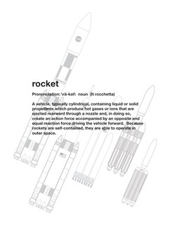 2
rocket
Pronunciation: \rä-kət\  noun  (It rocchetta)
A vehicle, typically cylindrical, containing liquid or solid 
propella