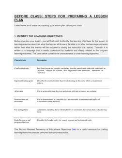BEFORE CLASS: STEPS FOR PREPARING A LESSON 
PLAN 
Listed below are 6 steps for preparing your lesson plan before your class.
