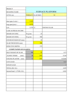 PROJECT
FURNACE PLATFORM
BUILDING NAME
LEVEL (m)
TERRACE SLAB MKD.
S1
short span, lx (m) =
3.325
long span,ly(m) =
8.575
ly/l