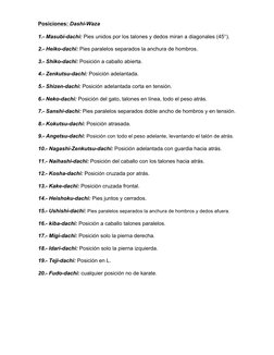 Posiciones: Dashi-Waza 
1.- Masubi-dachi: Pies unidos por los talones y dedos miran a diagonales (45°). 
2.- Heiko-dachi: Pie