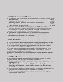 Article 3 Criteria for assessment of Memorial 
a. The assessment of the Memorial shall be out of a maximum of 1