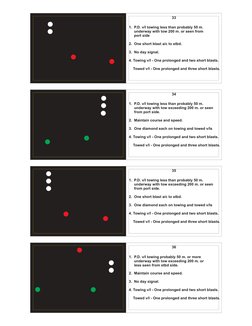 33
34
1.  P.D. v/I towing less than probably 50 m.
     underway with tow 200 m. or seen from 
     port side
2.  One short b