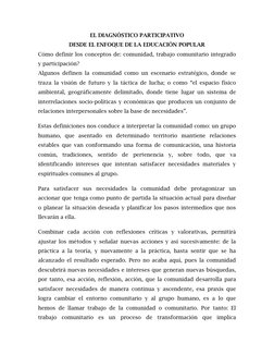 EL DIAGNÓSTICO PARTICIPATIVO 
DESDE EL ENFOQUE DE LA EDUCACIÓN POPULAR 
Cómo definir los conceptos de: comunidad, trabajo com