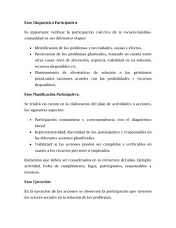 Fase Diagnóstico Participativo: 
Es importante verificar la participación colectiva de la escuela-familias- 
comunidad en sus