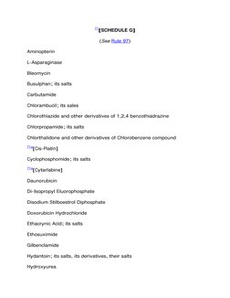 71[SCHEDULE G] 
(See Rule 97) 
Aminopterin 
L-Asparaginase 
Bleomycin 
Busulphan; its salts 
Carbutamide 
Chlorambucil; its s