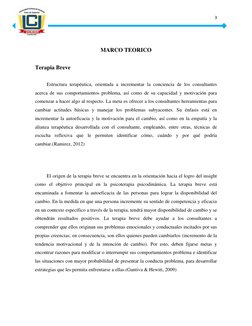 3 
 
MARCO TEORICO 
Terapia Breve 
Estructura terapéutica, orientada a incrementar la conciencia de los consultantes 
acerca