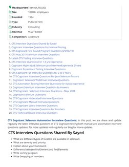 HeadquartersTeaneck, NJ (US)
Size
10000+ employees
Founded
1994
Type
Public (CTSH)
Industry
Consulting
Revenue
₹500+ billion