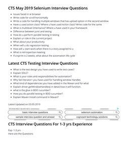 CTS May 2019 Selenium Interview Questions
Issues faced in ie browser
Write code for scroll horizontally
Write a code for hand