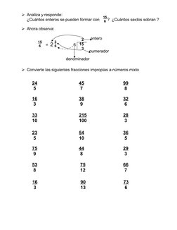 Analiza y responde:
¿Cuántos enteros se pueden formar con       ?  ¿Cuántos sextos sobran ? 
Ahora observa: