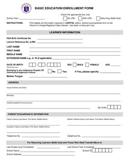 Basic Education Enrollment Form Guide | PDF | Birth Certificate | Schools