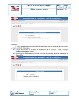 Manual de Usuario Sistema SIGESP 
Rev.: 
Nº 00 
Pág.:  
7 de  127 
Módulo: Recursos Humanos 
Cambios Nº 00 
 
Elaborado Por
