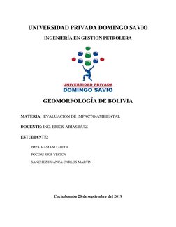 UNIVERSIDAD PRIVADA DOMINGO SAVIO 
INGENIERÍA EN GESTION PETROLERA 
 
GEOMORFOLOGÍA DE BOLIVIA 
  
MATERIA:  EVALUACION DE IM