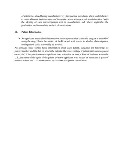 of antibiotics added during manufacture; (xiv) the inactive ingredients when a safety factor; 
(xv) the adjuvant; (xvi) the s