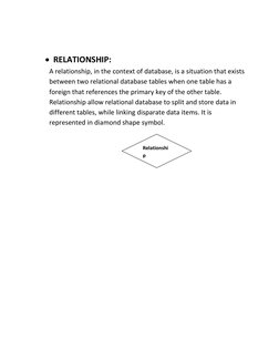  RELATIONSHIP: 
A relationship, in the context of database, is a situation that exists 
between two relational database