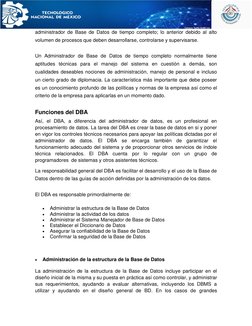 administrador de Base de Datos de tiempo completo; lo anterior debido al alto 
volumen de procesos que deben desarrollarse,