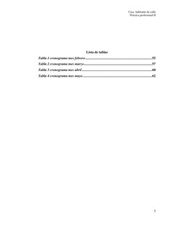 Casa  habitante de calle 
Práctica profesional II 
 
5 
 
 
 
Lista de tablas  
Tabla 1 cronograma mes febrero ..............