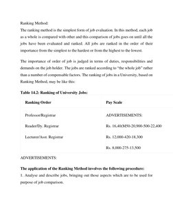 Ranking Method: 
The ranking method is the simplest form of job evaluation. In this method, each job 
as a whole is compared