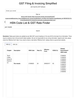 pan masala
Search
HSN Code List & GST Rate Finder
 
 
Disclaimer: Rates given below are updated as per 28th GST council meeti