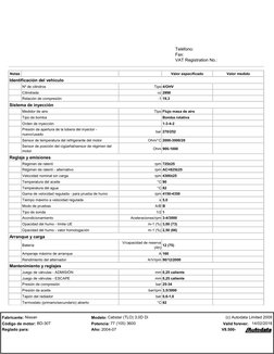  
Teléfono:    
Fax:
VAT Registration No.:
Notas
Valor especificado
Valor medido
Identificación del vehículo
Nº de cilindros