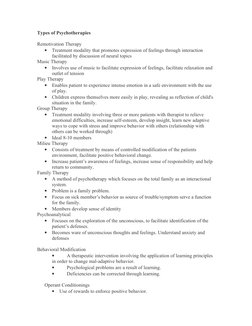 Types of Psychotherapies
Remotivation Therapy
•
Treatment modality that promotes expression of feelings through interaction