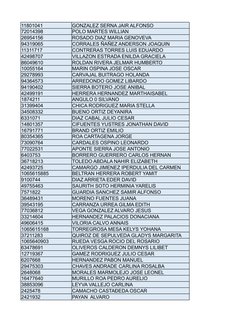 11801041
GONZALEZ SERNA JAIR ALFONSO
72014398
POLO MARTES WILLIAN
26954156
ROSADO DIAZ MARIA GENOVEVA
94319065
CORRALES ÑAÑEZ