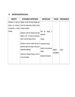 VII. 
DESCRIPCIÓN METODOLÓGICA. 
OBJETIVO 
ACTIVIDADES O ESTRATEGIAS 
METODOLOGIA 
FECHAS 
RESPONSABLES 
Promover un área d