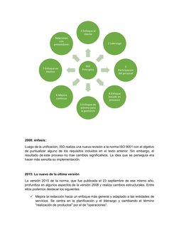 2008: énfasis: 
Luego de la unificación, ISO realiza una nueva revisión a la norma ISO 9001 con el objetivo 
de puntual