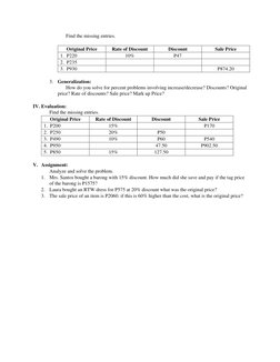Find the missing entries.  
  
  
Original Price  
Rate of Discount  
Discount  
Sale Price  
1.  P220  
10%  
P47