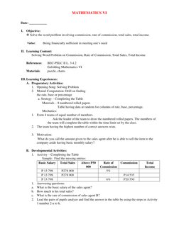 MATHEMATICS VI  
   
Date: ___________ 
  
I. Objective:  
 Solve the word problem involving commission, rate of commission,