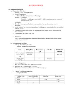 MATHEMATICS VI  
   
III. Learning Experiences:  
A. Preparatory Activities:  
1. Opening a Song: Solving Problem  
2. Mental