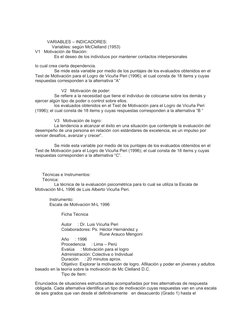 VARIABLES – INDICADORES:
              Variables: según McClelland (1953)
V1   Motivación de filiación:
