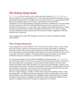The Testing Study Guide 
The Testing is the first book in a series of the same name written by Joelle Charbonneau. 
The story